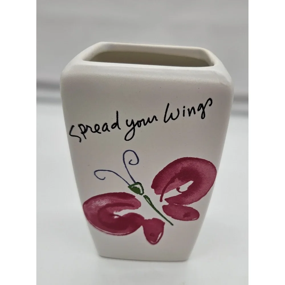 Square Ceramic Vase‎ White Butterfly Quote Decor Home Accent